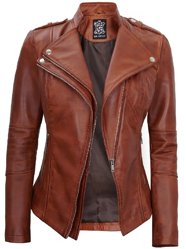 Monica Womens Cognac Asymmetrical Cafe Racer Leather Jacket