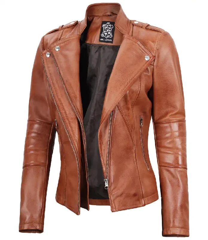 Monica Women's Tan Asymmetrical Biker Leather Jacket