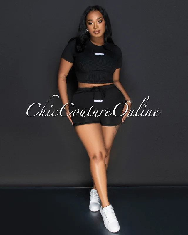 Monola Black Ribbed Crop Top & Shorts Set