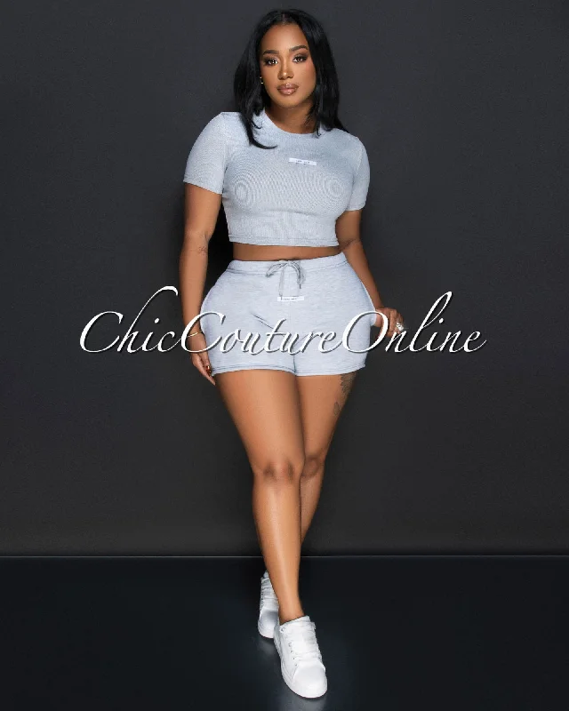 Monola Grey Ribbed Crop Top & Shorts Set