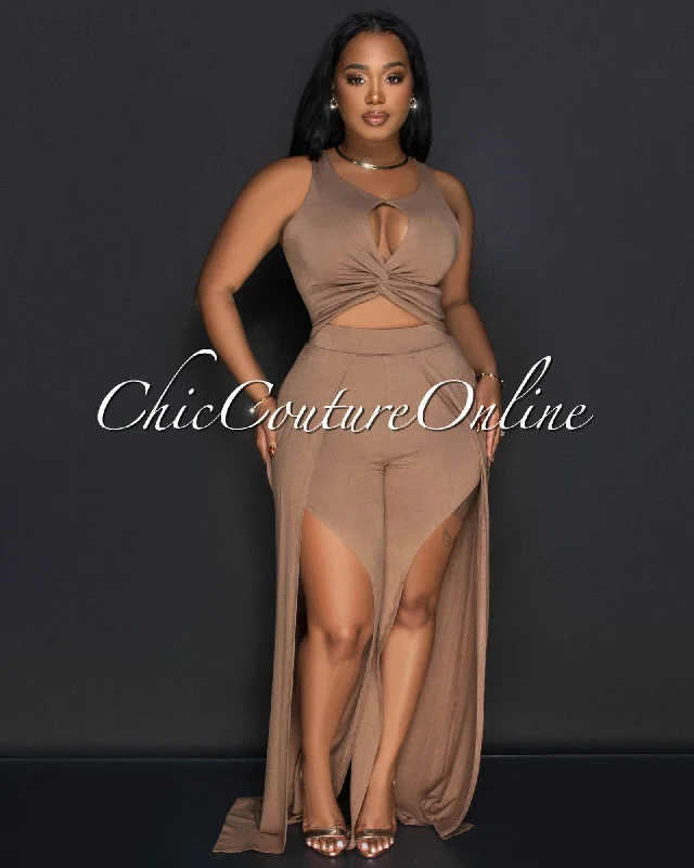 Nidaya Mocha Twist Crop Top & Slit Wide Pants Set