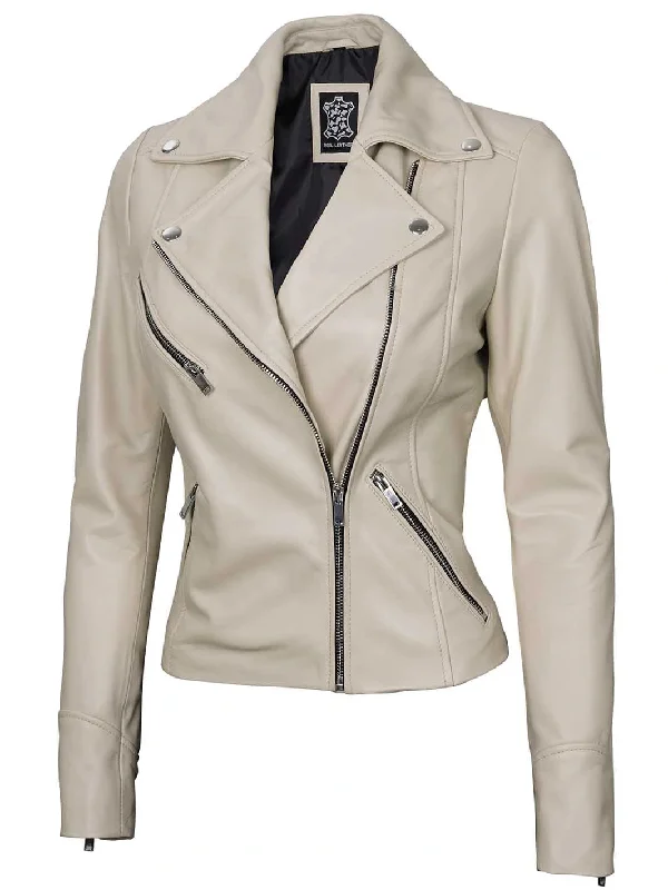 Ninfa Women's Beige Asymmetrical Biker Leather Jacket