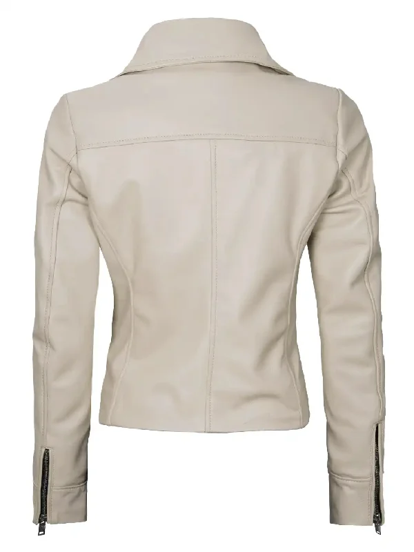 Ninfa Women's Beige Asymmetrical Biker Leather Jacket