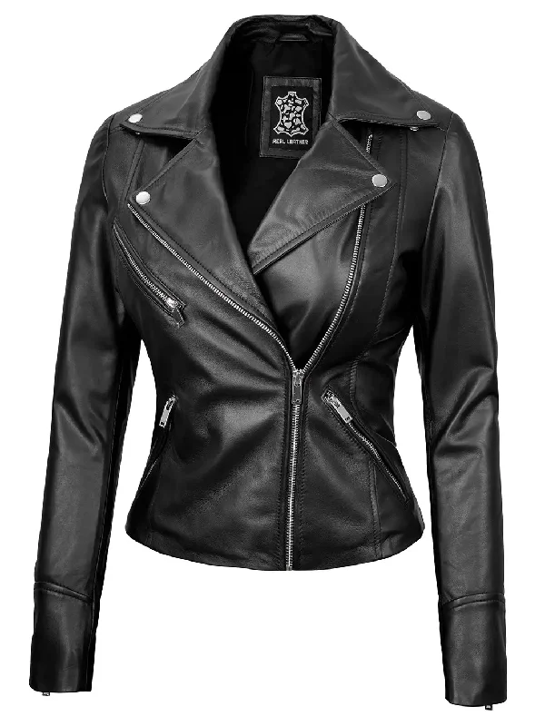 Ninfa Women's Black Asymmetrical Biker Leather Jacket