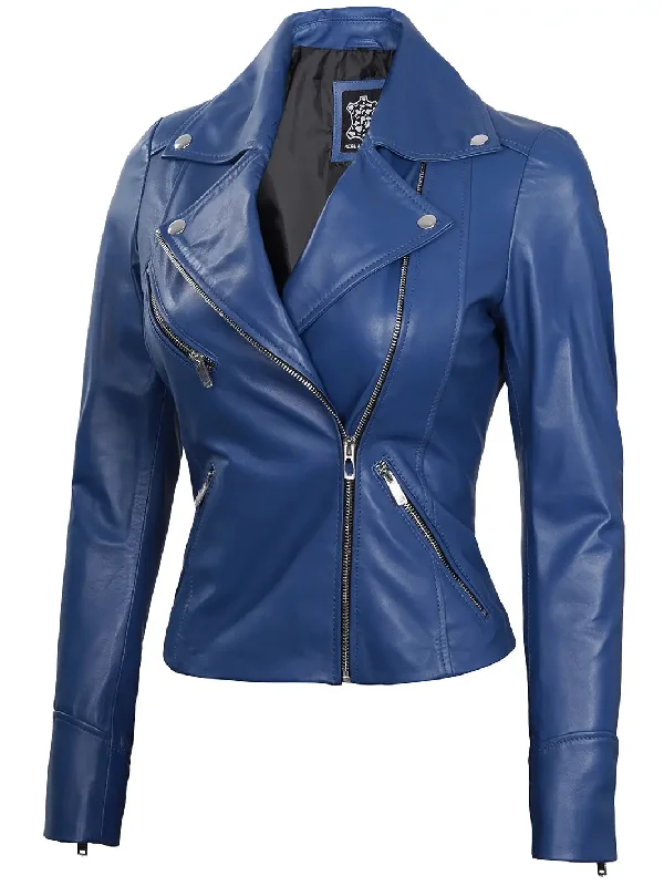 Ninfa Women's Blue Asymmetrical Biker Leather Jacket