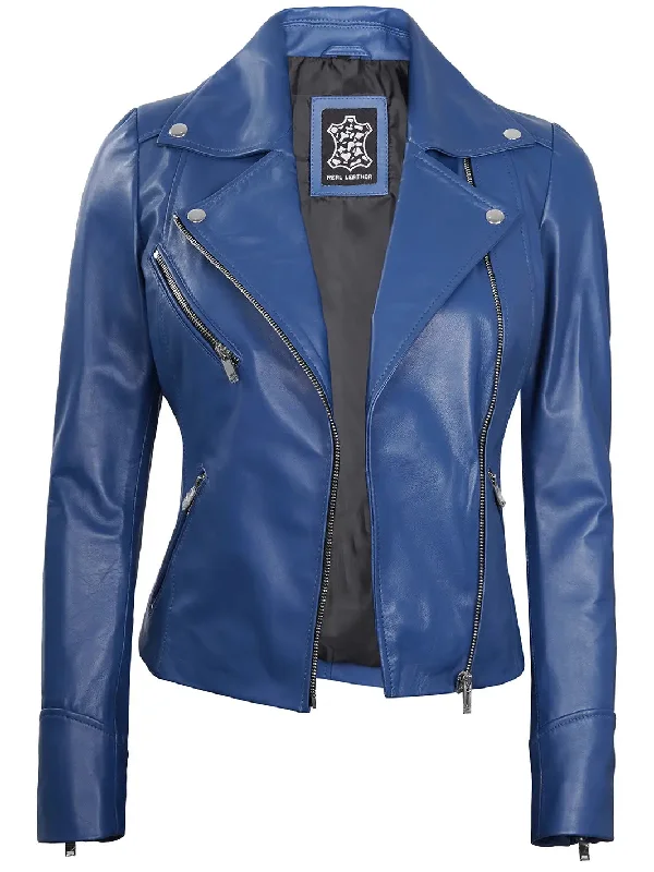 Ninfa Women's Blue Asymmetrical Biker Leather Jacket