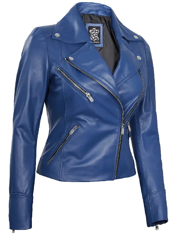 Ninfa Women's Blue Asymmetrical Biker Leather Jacket