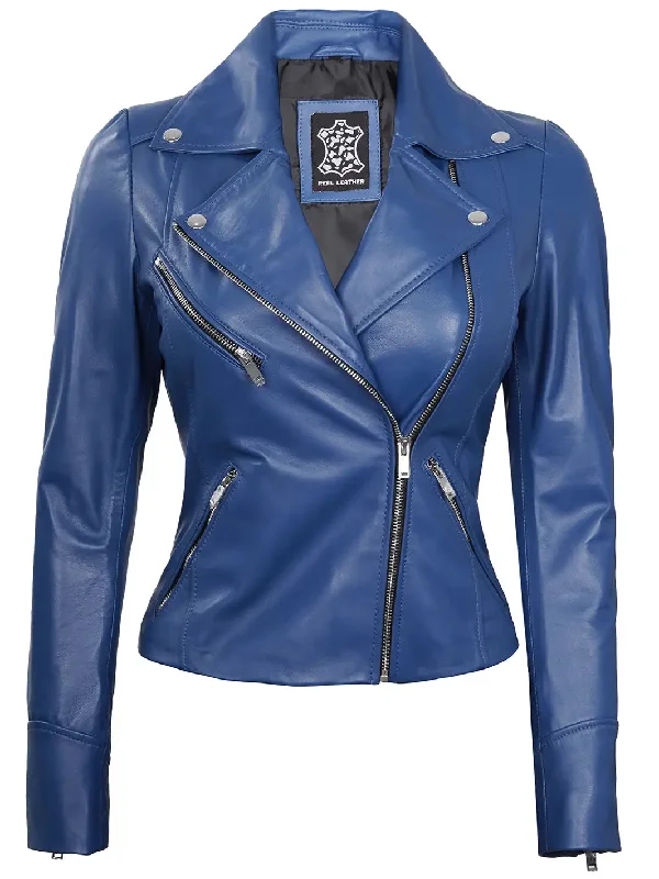 Ninfa Women's Blue Asymmetrical Biker Leather Jacket