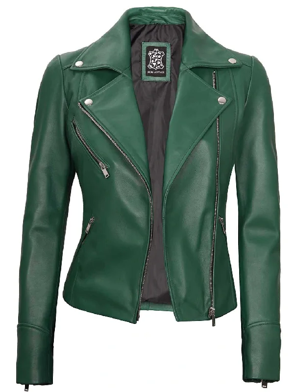 Ninfa Women's Asymmetrical Biker Green Leather Jacket