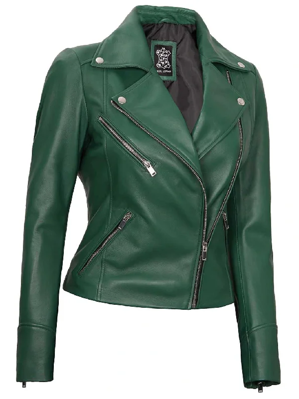 Ninfa Women's Asymmetrical Biker Green Leather Jacket