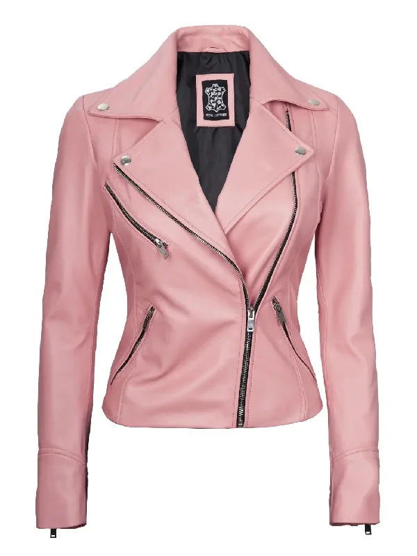 Ninfa Women's Pink Asymmetrical Biker Leather Jacket