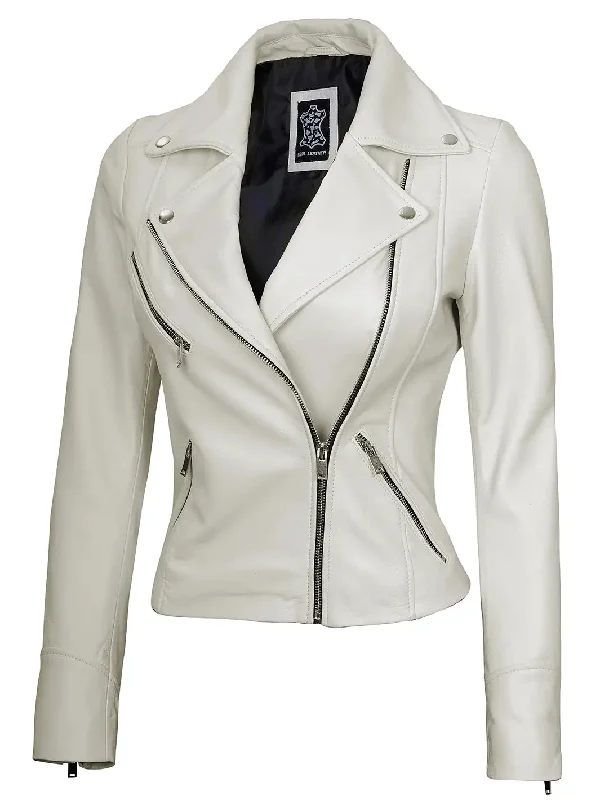 Ninfa Women's Off White Asymmetrical Biker Leather Jacket