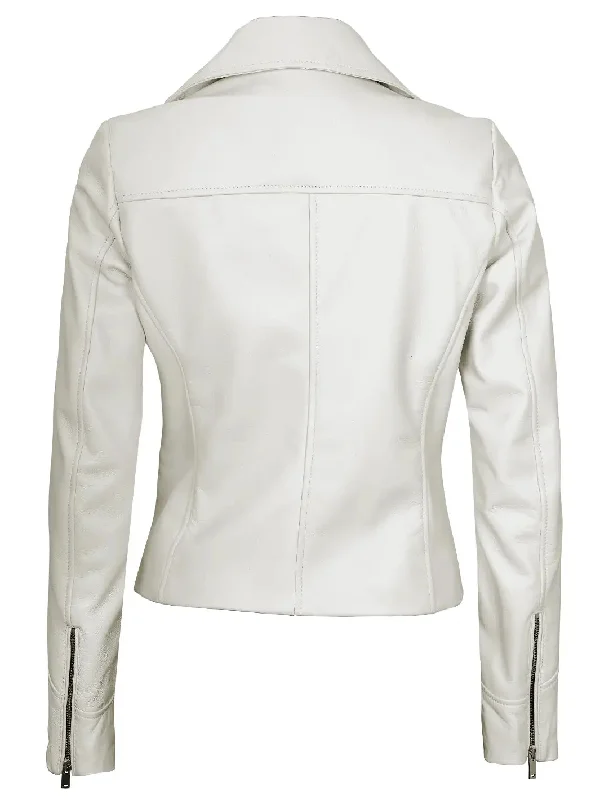 Ninfa Women's Off White Asymmetrical Biker Leather Jacket