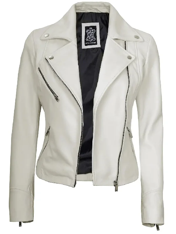 Ninfa Women's Off White Asymmetrical Biker Leather Jacket