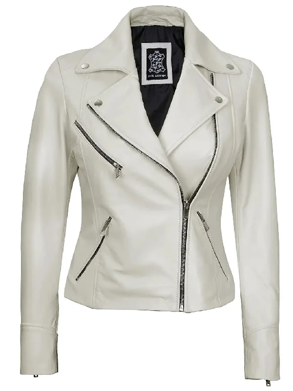 Ninfa Women's Off White Asymmetrical Biker Leather Jacket