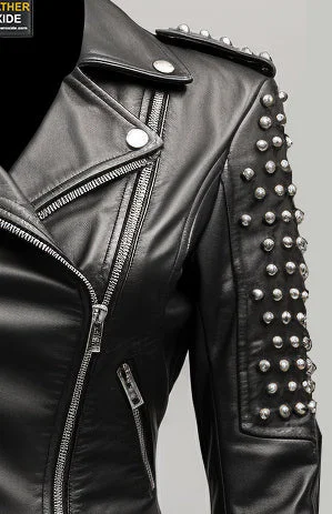 Odette Studs Black Leather Women Jacket