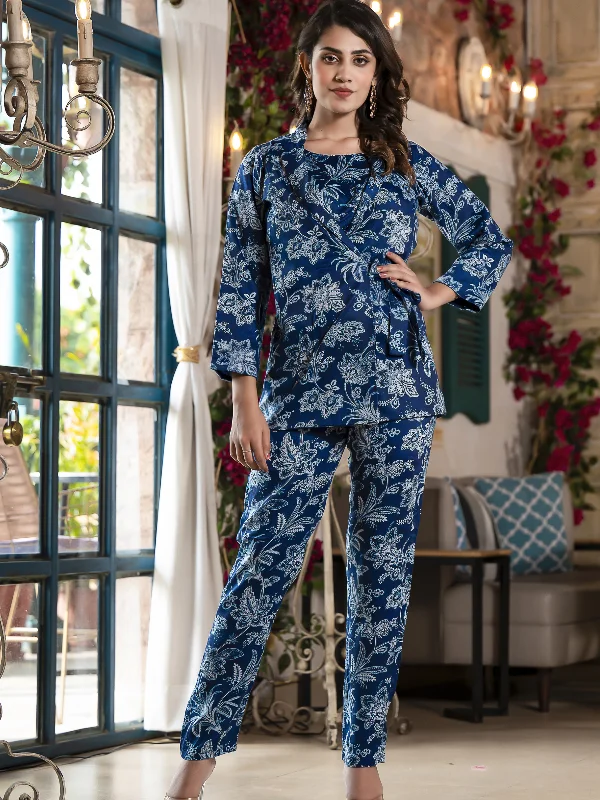 Odette Blue Satin Printed Co Ord Set for Women