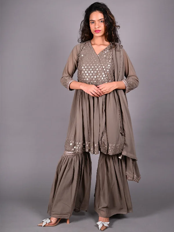 Odette Grey Sequins Embroidered Georgette Co Ord Set for Women