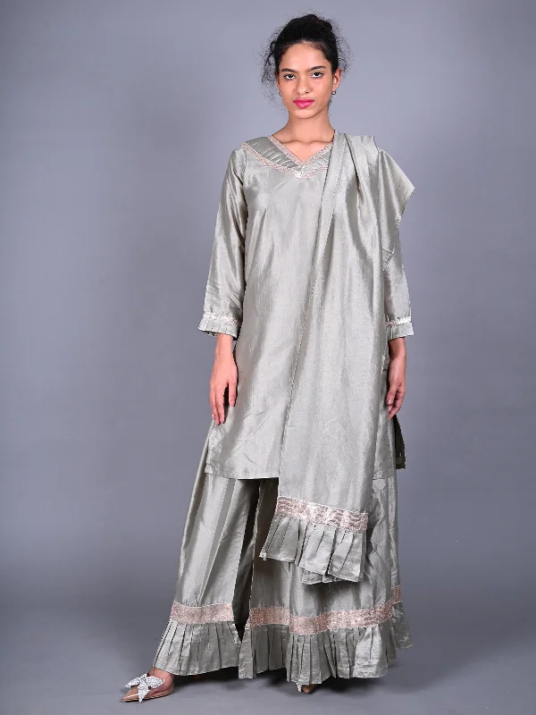 Odette Grey Sequins Embroidered Natural Crepe Co Ord Set for Women