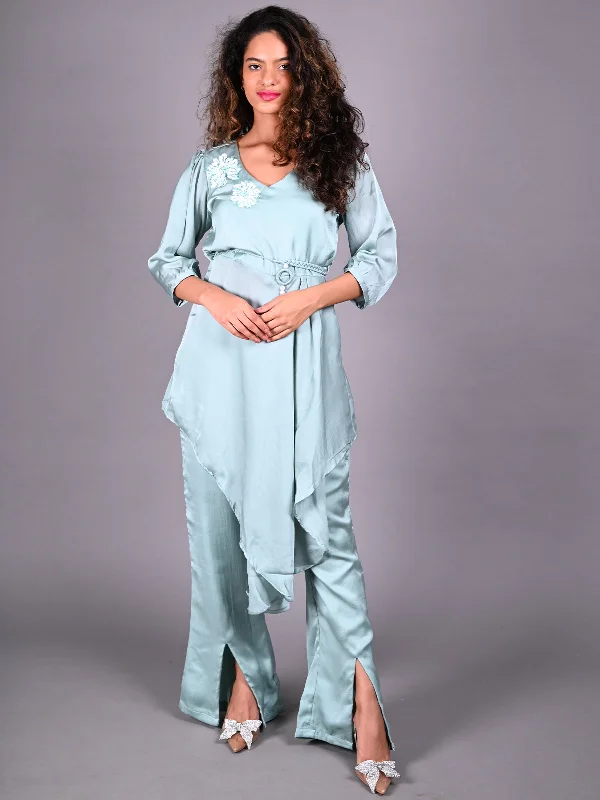 Odette Sea Green Sequins Embroidered Crepe Co Ord Set for Women