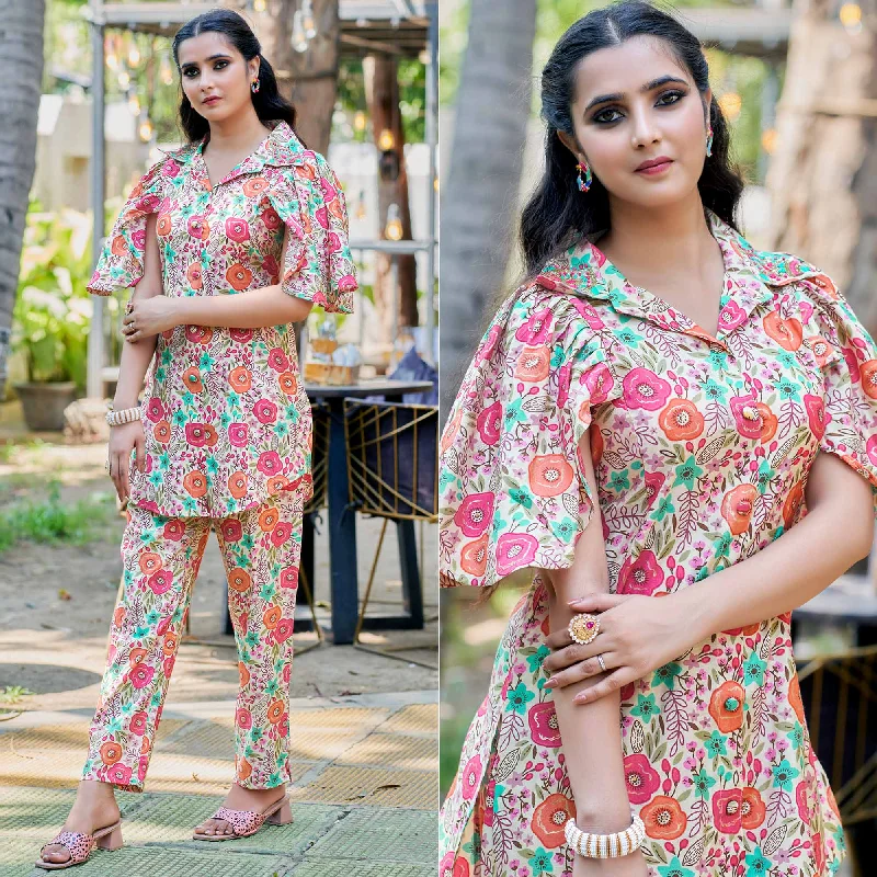 Off White & Peach Floral Foil Printed Chanderi Silk Co Ord Set