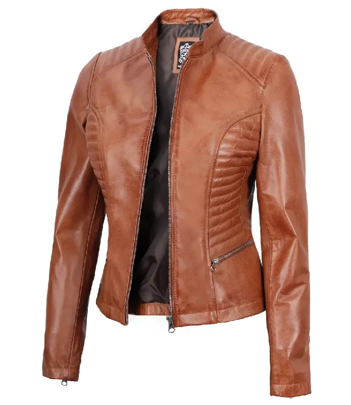 Rachel Womens Tan Cafe Racer Leather Jacket