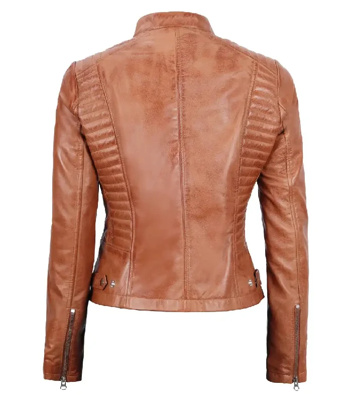 Rachel Womens Tan Cafe Racer Leather Jacket