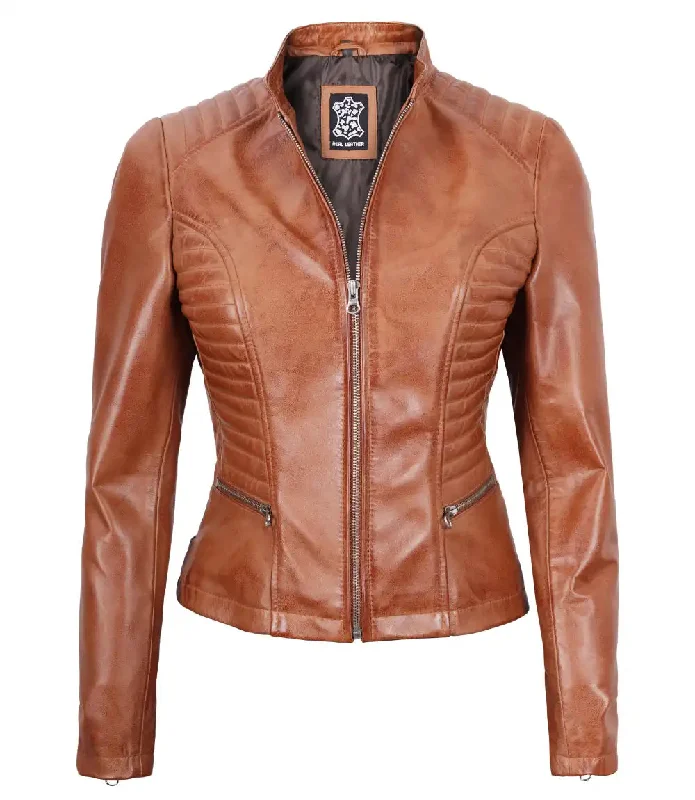 Rachel Womens Tan Cafe Racer Leather Jacket