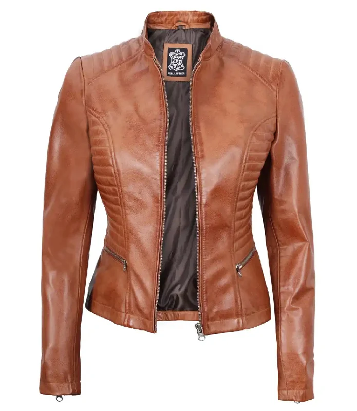 Rachel Womens Tan Cafe Racer Leather Jacket