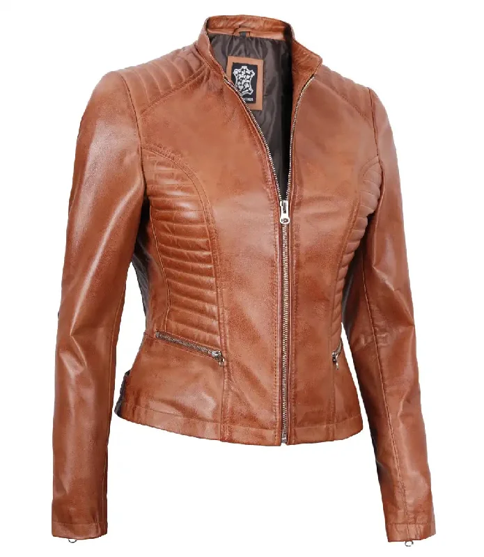 Rachel Womens Tan Cafe Racer Leather Jacket