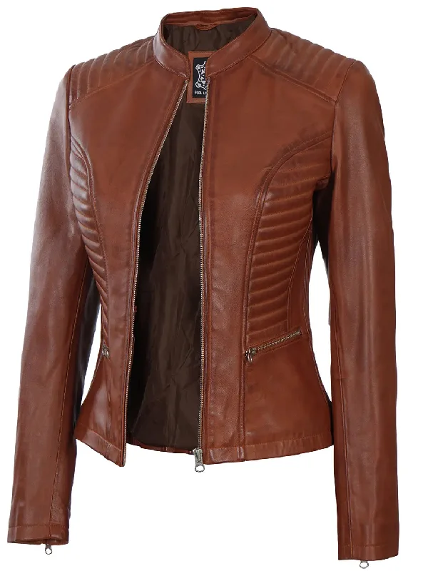 Rachel Women's Cognac Wax Biker Leather Jacket