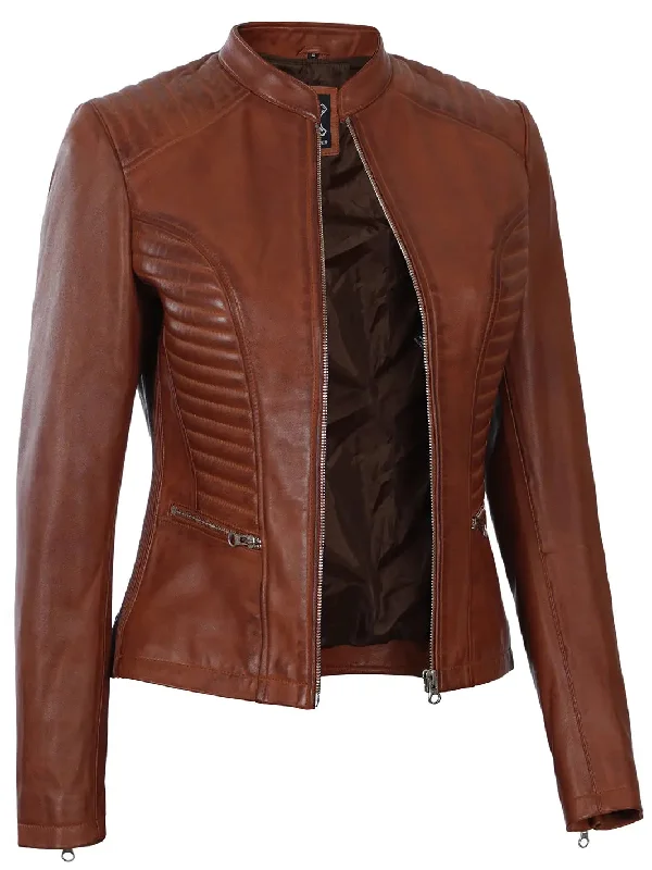 Rachel Women's Cognac Wax Biker Leather Jacket