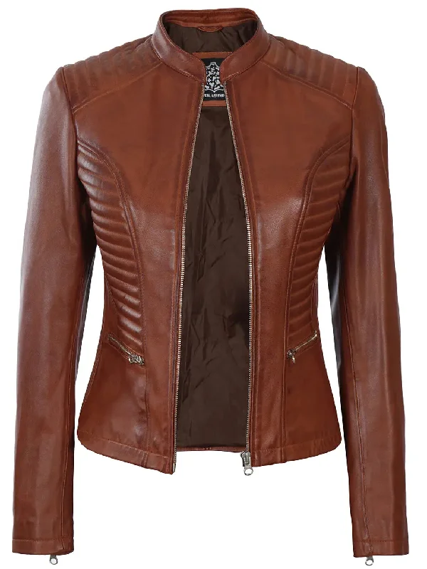 Rachel Women's Cognac Wax Biker Leather Jacket