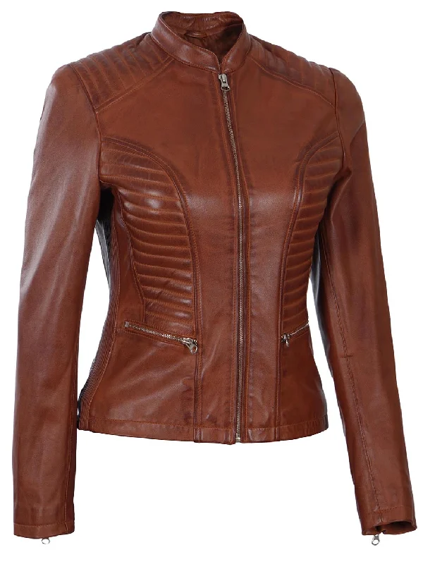 Rachel Women's Cognac Wax Biker Leather Jacket