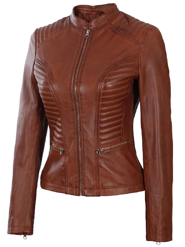 Rachel Women's Cognac Wax Biker Leather Jacket