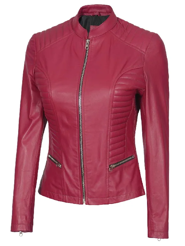 Rachel Women's Pink Cafe Racer Leather Jacket