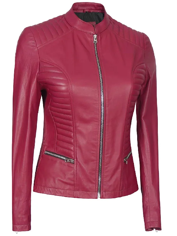 Rachel Women's Pink Cafe Racer Leather Jacket