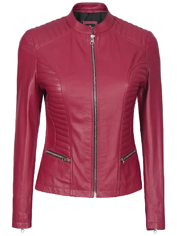 Rachel Women's Pink Cafe Racer Leather Jacket