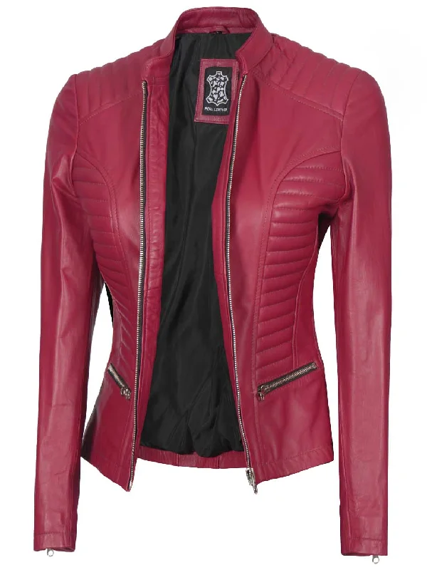 Rachel Women's Pink Cafe Racer Leather Jacket