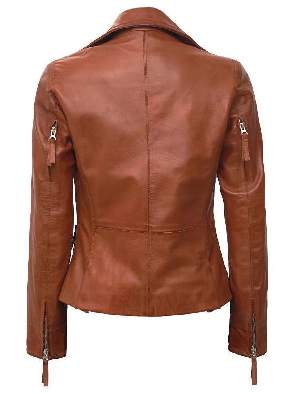 Ramsey Womens Asymmetrical Tan Motorcycle Leather Jacket