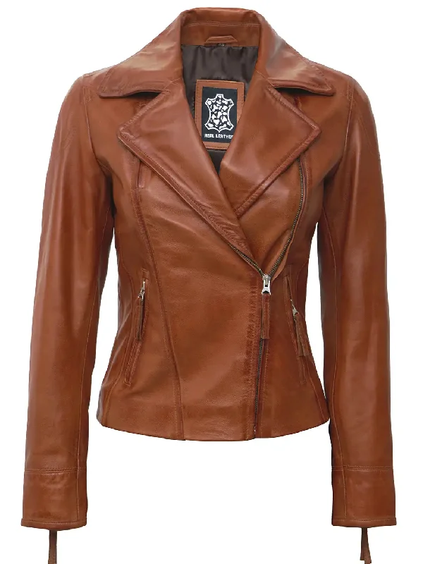 Ramsey Womens Asymmetrical Tan Motorcycle Leather Jacket