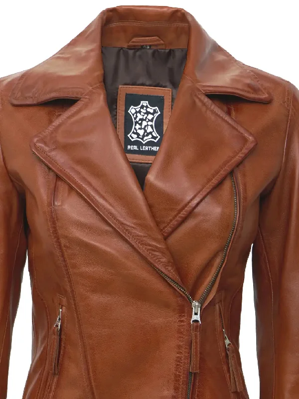 Ramsey Womens Asymmetrical Tan Motorcycle Leather Jacket