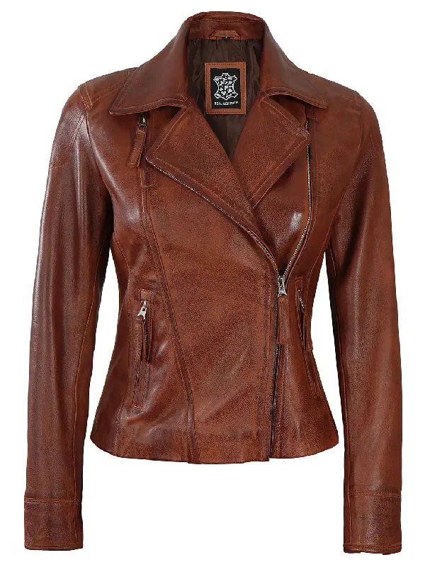 Ramsey Women's Cognac Fitted Asymmetrical Leather Jacket