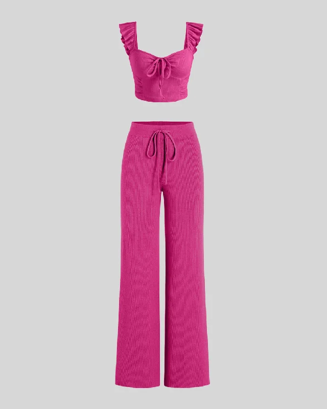 Set Of Two Vest Ruffle Top With Trouser In Hot Pink