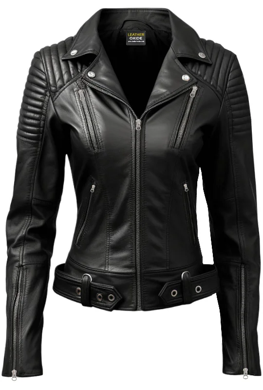 Women Lauren Black Biker Leather Jacket