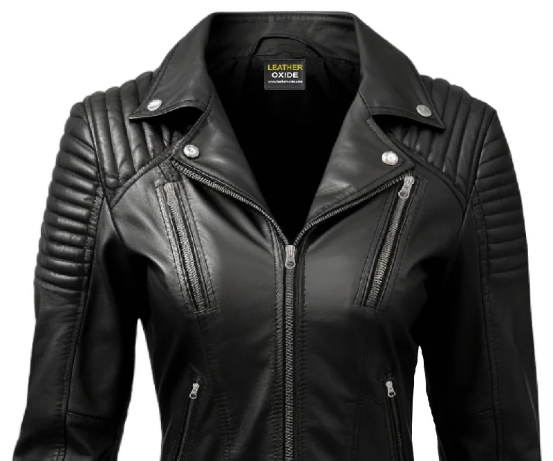 Women Lauren Black Biker Leather Jacket