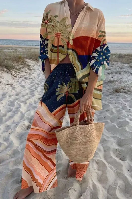 sunset-atmosphere-palm-print-oversized-blouse-and-elastic-waist-pocketed-pants-set-1