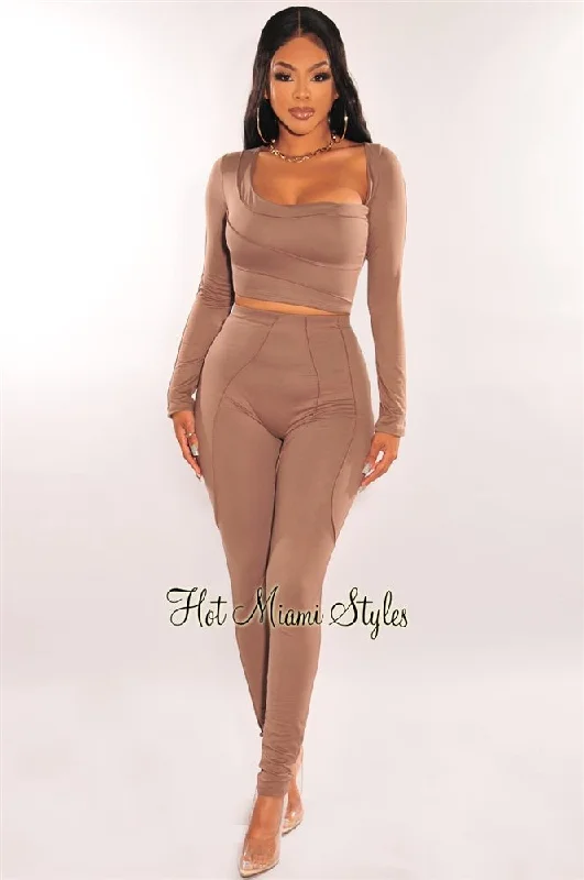 Taupe Asymmetrical Long Sleeve Pants Two Piece Set