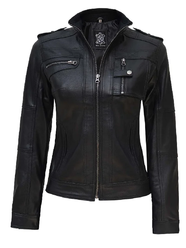 Tavares Womens Black Cafe Racer Leather Jacket