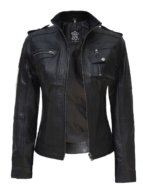 Tavares Womens Black Cafe Racer Leather Jacket